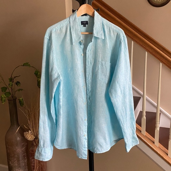 J. Crew Long Sleeve Linen Shirt Pale Aqua Blue Slim XL - Picture 1 of 15